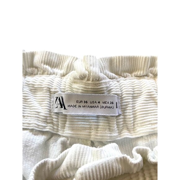Zara Barrel Leg Paper Bag Waist Corduroy Pants White Size 4 Minimalist Neutral - Picture 3 of 12